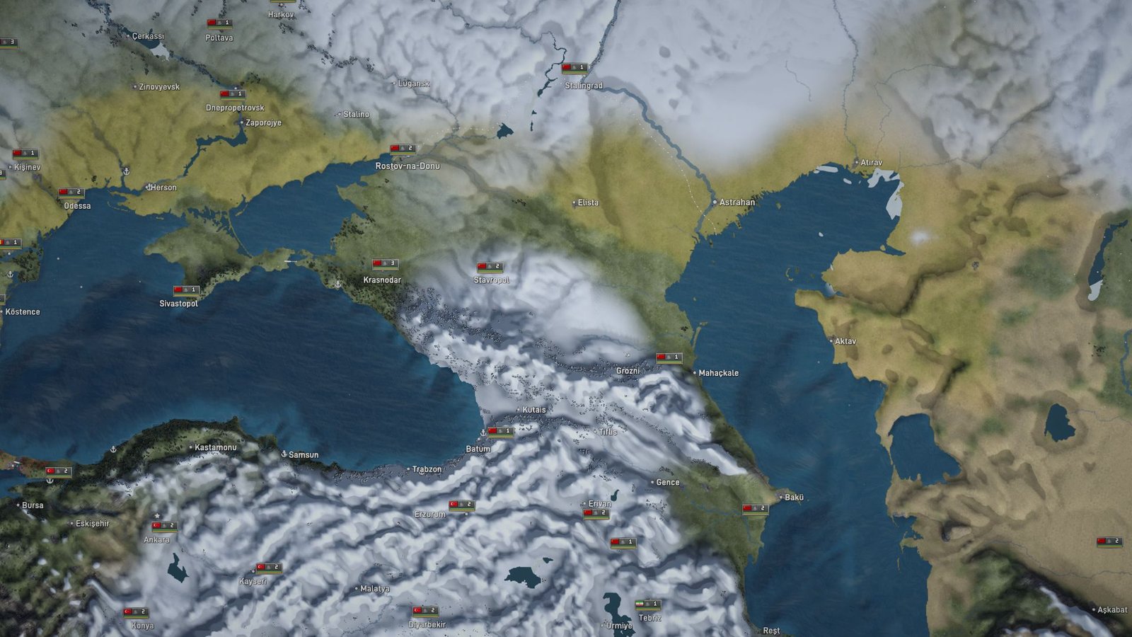 Arazi haritasında Kafkasya, Karadeniz ile Hazar Denizi arası.